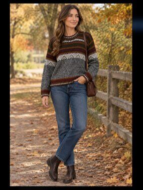 Peruvian Alpaca Wool Crewneck Sweater Oversized Fair Isle Gray Burgundy Medium